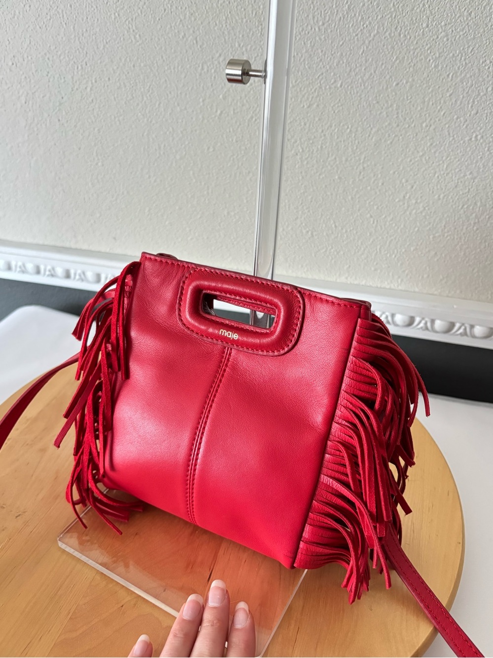 Maje Cherry Red Leather Fringe Boho Shoulder Bag
